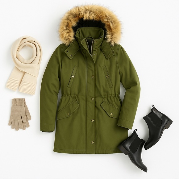 J.Crew Olive Green Utility Parka Petite XS Faux Fur Hood PrimaLoft Jacket EUC - Picture 14 of 14